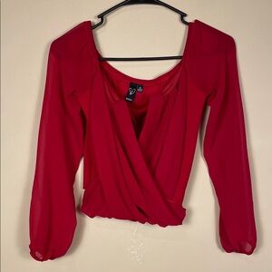 Windsor Women’s Red Faux Wrap Boning V-Neck Long Sleeve Blouse
